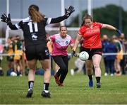 27 July 2023; Sarah Batley of Canada shoots as Anne-Gabrielle Chiras of Brittany looks on during day four of the FRS Recruitment GAA World Games 2023 at the Owenbeg Centre of Excellence in Dungiven, Derry. Photo by Piaras Ó Mídheach/Sportsfile