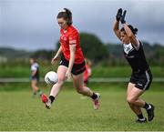 27 July 2023; Ciara Murphy of Canada in action against Elena Benoist of Brittany during day four of the FRS Recruitment GAA World Games 2023 at the Owenbeg Centre of Excellence in Dungiven, Derry. Photo by Piaras Ó Mídheach/Sportsfile