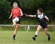 27 July 2023; Amanda Irwin of Canada in action against Annaig Flaux of Brittany during day four of the FRS Recruitment GAA World Games 2023 at the Owenbeg Centre of Excellence in Dungiven, Derry. Photo by Piaras Ó Mídheach/Sportsfile