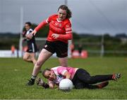 27 July 2023; Sarah Batley of Canada, behind, in action against Anne-Gabrielle Chiras of Brittany during day four of the FRS Recruitment GAA World Games 2023 at the Owenbeg Centre of Excellence in Dungiven, Derry. Photo by Piaras Ó Mídheach/Sportsfile