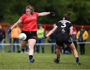 27 July 2023; Sarah Batley of Canada shoots under pressure from Pauline Bouric of Brittanty, 3, during day four of the FRS Recruitment GAA World Games 2023 at the Owenbeg Centre of Excellence in Dungiven, Derry. Photo by Piaras Ó Mídheach/Sportsfile