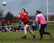 27 July 2023; Clodagh Keane of Canada in action against Anne-Gabrielle Chiras of Brittany during day four of the FRS Recruitment GAA World Games 2023 at the Owenbeg Centre of Excellence in Dungiven, Derry. Photo by Piaras Ó Mídheach/Sportsfile
