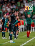 27 July 2023; Sean Hoare of Shamrock Rovers during the UEFA Europa Conference League Second Qualifying Round First Leg match between Ferencvaros and Shamrock Rovers at Ferencváros Stadion in Budapest, Hungary. Photo by David Balogh/Sportsfile