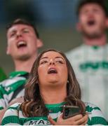 27 July 2023; Shamrock Rovers supporters during the UEFA Europa Conference League Second Qualifying Round First Leg match between Ferencvaros and Shamrock Rovers at Ferencváros Stadion in Budapest, Hungary. Photo by David Balogh/Sportsfile