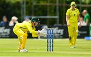 28 July 2023; Australia wicketkeeper Beth Mooney during match three of the Certa Women’s One Day International Challenge series between Ireland and Australia at Castle Avenue Cricket Ground in Dublin. Photo by Seb Daly/Sportsfile