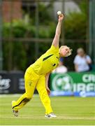 28 July 2023; Australia bowler Kim Garth during match three of the Certa Women’s One Day International Challenge series between Ireland and Australia at Castle Avenue Cricket Ground in Dublin. Photo by Seb Daly/Sportsfile