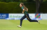 28 July 2023; Ireland bowler Orla Prendergast during match three of the Certa Women’s One Day International Challenge series between Ireland and Australia at Castle Avenue Cricket Ground in Dublin. Photo by Seb Daly/Sportsfile