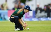 28 July 2023; Georgina Dempsey of Ireland fields the ball during match three of the Certa Women’s One Day International Challenge series between Ireland and Australia at Castle Avenue Cricket Ground in Dublin. Photo by Seb Daly/Sportsfile