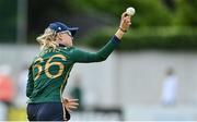 28 July 2023; Gaby Lewis of Ireland fields the ball during match three of the Certa Women’s One Day International Challenge series between Ireland and Australia at Castle Avenue Cricket Ground in Dublin. Photo by Seb Daly/Sportsfile