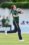 28 July 2023; Ireland bowler Aimee Maguire during match three of the Certa Women’s One Day International Challenge series between Ireland and Australia at Castle Avenue Cricket Ground in Dublin. Photo by Seb Daly/Sportsfile