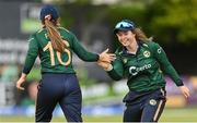 28 July 2023; Cara Murray, right, and Leah Paul of Ireland during match three of the Certa Women’s One Day International Challenge series between Ireland and Australia at Castle Avenue Cricket Ground in Dublin. Photo by Seb Daly/Sportsfile