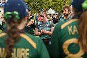 28 July 2023; Mary Waldron of Ireland talks to teammates after match three of the Certa Women’s One Day International Challenge series between Ireland and Australia at Castle Avenue Cricket Ground in Dublin. Photo by Seb Daly/Sportsfile