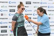 28 July 2023; Retiring Ireland player Mary Waldron is interviewed by Isobel Joyce after match three of the Certa Women’s One Day International Challenge series between Ireland and Australia at Castle Avenue Cricket Ground in Dublin. Photo by Seb Daly/Sportsfile