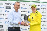 28 July 2023; Australia captain Tahlia McGrath is presented with the series winner trophy by Certa managing director Andrew Graham after match three of the Certa Women’s One Day International Challenge series between Ireland and Australia at Castle Avenue Cricket Ground in Dublin. Photo by Seb Daly/Sportsfile