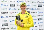 28 July 2023; Ashleigh Gardner of Australia with the player of the series trophy after match three of the Certa Women’s One Day International Challenge series between Ireland and Australia at Castle Avenue Cricket Ground in Dublin. Photo by Seb Daly/Sportsfile