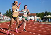 28 July 2023; Katie Doherty of Team Ireland, right, competes in the girl's medley relay during day five of the 2023 Summer European Youth Olympic Festival at Poljane Athletics Stadium in Maribor, Slovenia. Photo by Tyler Miller/Sportsfile