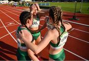 28 July 2023; Hollie Kilroe of Team Ireland, centre, reacts after competing in the girl's medley relay during day five of the 2023 Summer European Youth Olympic Festival at Poljane Athletics Stadium in Maribor, Slovenia. Photo by Tyler Miller/Sportsfile