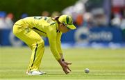 28 July 2023; Georgia Wareham of Australia fields the ball during match three of the Certa Women’s One Day International Challenge series between Ireland and Australia at Castle Avenue Cricket Ground in Dublin. Photo by Seb Daly/Sportsfile