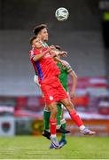 28 July 2023; Lewis Temple of Shelbourne in action against Rokas Stanulevicius of Cork City during the SSE Airtricity Men's Premier Division match between Cork City and Shelbourne at Turner's Cross in Cork. Photo by Eóin Noonan/Sportsfile