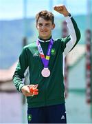 29 July 2023; Cian Crampton of Team Ireland celebrates with his bronze medal after finishing third in the boys discus throw final during day six of the 2023 Summer European Youth Olympic Festival at Poljane Athletics Stadium in Maribor, Slovenia. Photo by Tyler Miller/Sportsfile