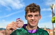 29 July 2023; Cian Crampton of Team Ireland with his discus Bronze medal on the Old Bridge in Maribor during day six of the 2023 Summer European Youth Olympic Festival at in Maribor, Slovenia. Photo by Tyler Miller/Sportsfile