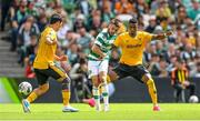 29 July 2023; Greg Taylor of Celtic in action against Hee-Chan Hwang, left, and Nélson Semedo of Wolverhampton Wanderers during the pre-season friendly match between Celtic and Wolverhampton Wanderers at the Aviva Stadium in Dublin. Photo by Seb Daly/Sportsfile