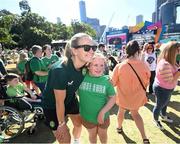 30 July 2023; Diane Caldwell with supporters during a Republic of Ireland takeover of the FIFA Fan Festival at South Bank Parklands in Brisbane, Australia, ahead of their final Group B match of the FIFA Women's World Cup 2023, against Nigeria. Photo by Stephen McCarthy/Sportsfile