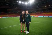 30 July 2023; Abbie Larkin, left, and Áine O'Gorman during a Republic of Ireland stadium familiarisation at Brisbane Stadium in Brisbane, Australia, ahead of their final Group B match of the FIFA Women's World Cup 2023, against Nigeria. Photo by Stephen McCarthy/Sportsfile