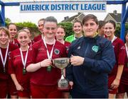 30 July 2023; Galway District League captain Niamh Donovan is presented with the cup by FAI development officer Tracy Gleeson during the FAI Women's U19 Inter-League Cup match between North Tipperary Schoolchildrens Football League and Galway District League at Jackman Park in Limerick. Photo by Michael P Ryan/Sportsfile