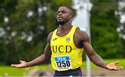 30 July 2023; Israel Olatunde of UCD AC, Dublin, celebrates after winning the men's 100m during day two of the 123.ie National Senior Outdoor Championships at Morton Stadium in Dublin. Photo by Sam Barnes/Sportsfile