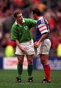 7 March 1998; Kevin Maggs of Ireland shakes hands with Jean-Luc Sadourny of France after the Five Nations Rugby Championship match between France and Ireland at the Stade De France in Paris, France. Photo by Brendan Moran/Sportsfile