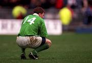 7 March 1998; Richard Wallace of Ireland reacts at the final whistle of the Five Nations Rugby Championship match between France and Ireland at the Stade De France in Paris, France. Photo by Brendan Moran/Sportsfile