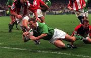 30 November 1997; Kevin Maggs of Ireland scores a try during the Autumn International match between Ireland and Canada at Lansdowne Road in Dublin, Ireland. Photo by Brendan Moran/Sportsfile