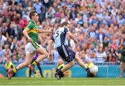 1 September 2013; Kevin McManamon, slips past Kerry's Jack Sherwood, to score Dublin's second goal late in the game. GAA Football All-Ireland Senior Championship, Semi-Final, Dublin v Kerry, Croke Park, Dublin. Picture credit: Ray McManus / SPORTSFILE