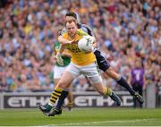 1 September 2013; Kerry goalkeeper Brendan Kealy is tackled by Bernard Brogan, Dublin. GAA Football All-Ireland Senior Championship, Semi-Final, Dublin v Kerry, Croke Park, Dublin. Picture credit: Ray McManus / SPORTSFILE