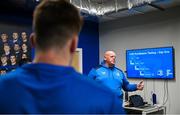 31 July 2023; Lead sub academy athletic peformance coach Dave Fagan speaks to the players during the Leinster rugby pre-academy training session at The Ken Wall Centre of Excellence in Energia Park, Dublin. Photo by Brendan Moran/Sportsfile