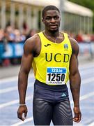 30 July 2023; Israel Olatunde of UCD AC, Dublin, after winning the men's 100m during day two of the 123.ie National Senior Outdoor Championships at Morton Stadium in Dublin. Photo by Sam Barnes/Sportsfile