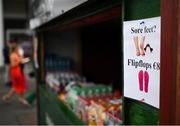 1 August 2023; A sign post for flip flops is seen during day two of the Galway Races Summer Festival 2023 at Galway Racecourse in Ballybrit, Galway. Photo by David Fitzgerald/Sportsfile