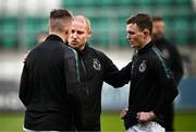 3 August 2023; Shamrock Rovers coach Glenn Cronin speaks to Conan Noonan, left, and Kieran Cruise of Shamrock Rovers before the UEFA Europa Conference League Second Qualifying Round Second Leg match between Shamrock Rovers and Ferencvaros at Tallaght Stadium in Dublin. Photo by Harry Murphy/Sportsfile
