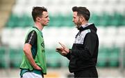 3 August 2023; Shamrock Rovers manager Stephen Bradley speaks to Kieran Cruise of Shamrock Rovers before the UEFA Europa Conference League Second Qualifying Round Second Leg match between Shamrock Rovers and Ferencvaros at Tallaght Stadium in Dublin. Photo by Harry Murphy/Sportsfile