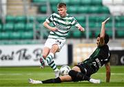 3 August 2023; Conan Noonan of Shamrock Rovers has a shot on goal blocked by Mohamed Ali Ben Romdhane of Ferencvaros during the UEFA Europa Conference League Second Qualifying Round Second Leg match between Shamrock Rovers and Ferencvaros at Tallaght Stadium in Dublin. Photo by Harry Murphy/Sportsfile