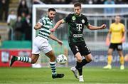 3 August 2023; Barnabás Varga of Ferencvaros in action against Roberto Lopes of Shamrock Rovers during the UEFA Europa Conference League Second Qualifying Round Second Leg match between Shamrock Rovers and Ferencvaros at Tallaght Stadium in Dublin. Photo by Harry Murphy/Sportsfile