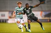3 August 2023; Najemedine Razi of Shamrock Rovers in action against Kwabwena Owusu of Ferencvaros during the UEFA Europa Conference League Second Qualifying Round Second Leg match between Shamrock Rovers and Ferencvaros at Tallaght Stadium in Dublin. Photo by Harry Murphy/Sportsfile