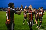 4 August 2023; Jonathan Afolabi of Bohemians, left, celebrates with teammate Danny Grant after scoring their side's third goal during the SSE Airtricity Men's Premier Division match between Bohemians and Drogheda United at Dalymount Park in Dublin. Photo by Seb Daly/Sportsfile