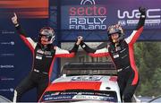 6 August 2023; Elfyn Evans and Scott Martin in their Toyota GR Yaris Rally 1 Hybrid celebrate after winning the FIA World Rally Championship Secto Rally in Jyväskylä, Finland. Photo by Philip Fitzpatrick/Sportsfile