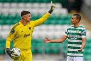 6 August 2023; Graham Burke of Shamrock Rovers and Cork City goalkeeper Ollie Byrne during the SSE Airtricity Men's Premier Division match between Shamrock Rovers and Cork City at Tallaght Stadium in Dublin. Photo by Seb Daly/Sportsfile