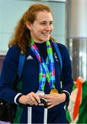7 August 2023; The 2023 Irish World Para Swimming Championships Gold and Silver medalist Róisín Ní Riain arrives at Dublin Airport on Team Ireland's return from the 2023 World Para Swimming Championships in Manchester. Photo by Tyler Miller/Sportsfile