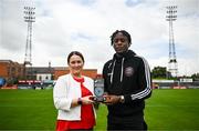 10 August 2023; SSE Airtricity marketing specialist Ruth Rapple presents Jonathan Afolabi of Bohemians with his SSE Airtricity / SWI Player of the Month award for July 2023 at Dalymount Park in Dublin. Photo by Harry Murphy/Sportsfile