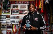 10 August 2023; Jonathan Afolabi of Bohemians with his SSE Airtricity / SWI Player of the Month award for July 2023 at Dalymount Park in Dublin. Photo by Harry Murphy/Sportsfile