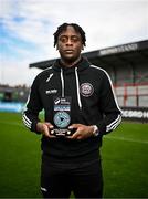 10 August 2023; Jonathan Afolabi of Bohemians with his SSE Airtricity / SWI Player of the Month award for July 2023 at Dalymount Park in Dublin. Photo by Harry Murphy/Sportsfile